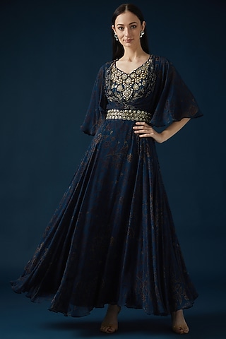 Blue Bemberg Crepe Embroidered & Printed Kaftan Dress by NIRRAAMYAA
