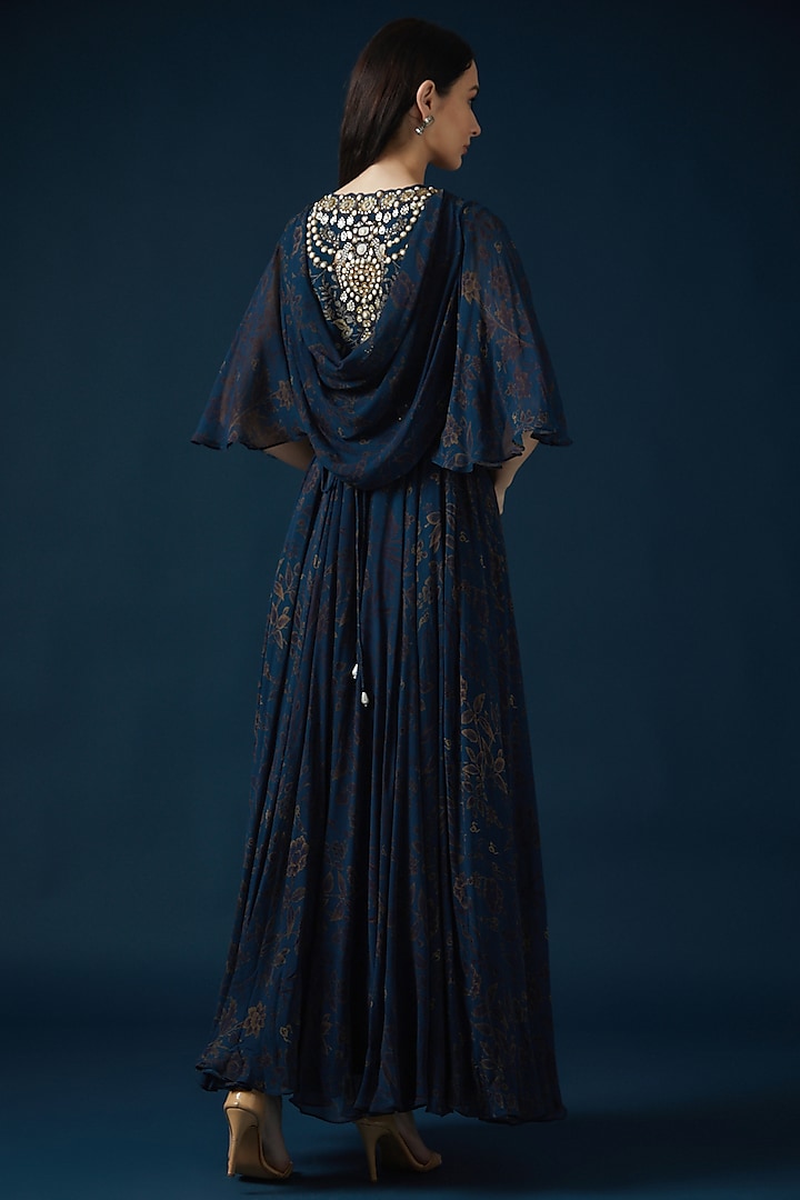 Blue Bemberg Crepe Embroidered & Printed Kaftan Vacation Dress by NIRRAAMYAA at Pernia's Pop Up Shop