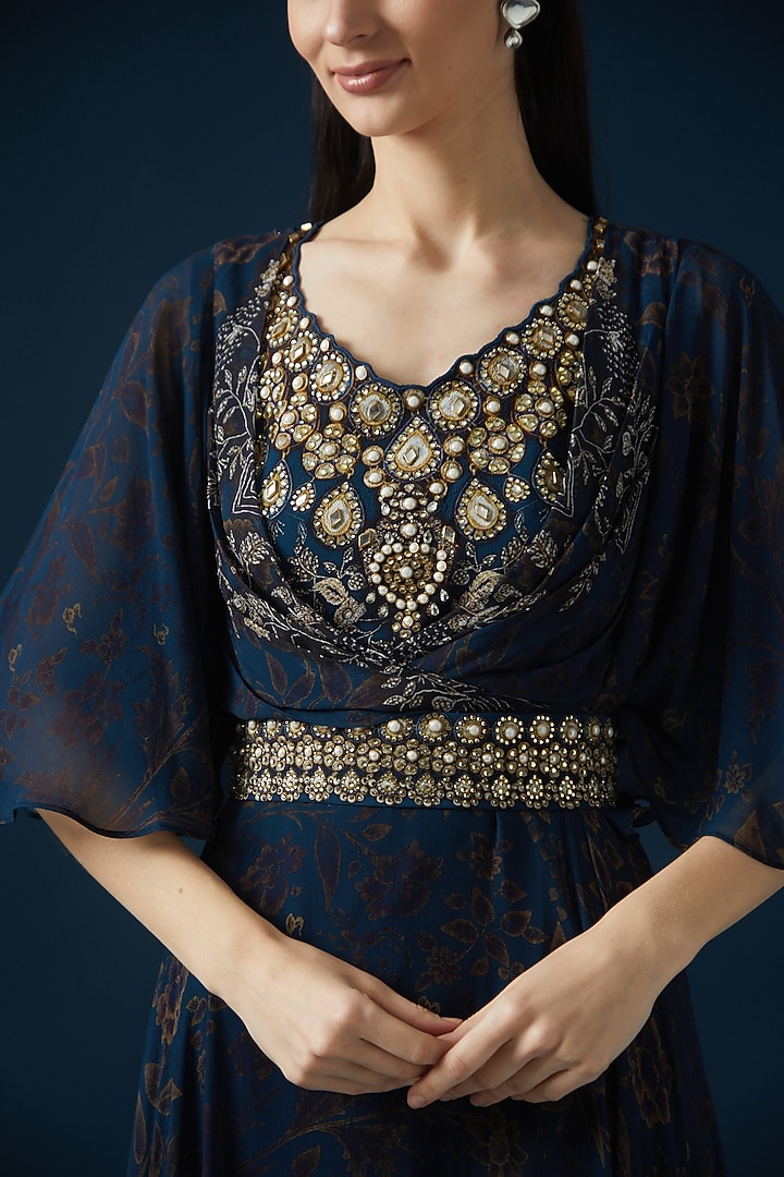 Blue Bemberg Crepe Embroidered & Printed Kaftan Vacation Dress by NIRRAAMYAA at Pernia's Pop Up Shop