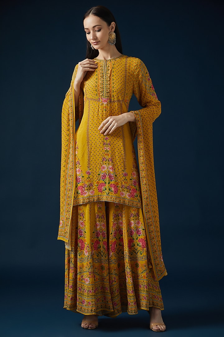 Mustard Bemberg Crepe Embroidered & Printed Kurta Set by NIRRAAMYAA