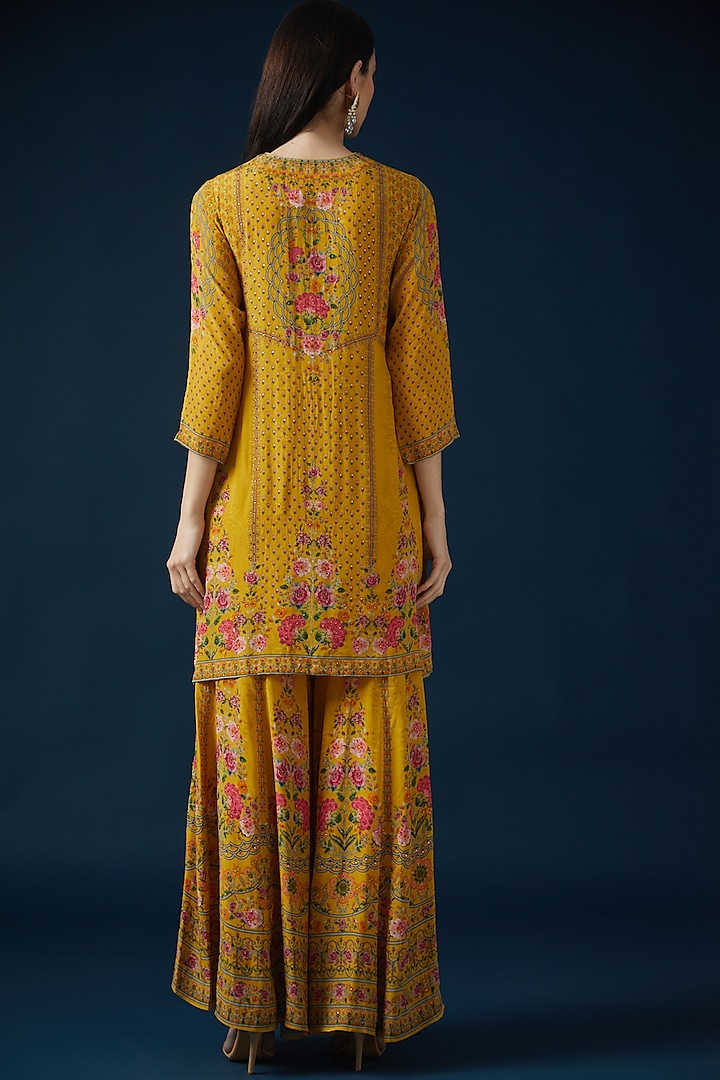 Mustard Bemberg Crepe Embroidered & Printed Kurta Set by NIRRAAMYAA at Pernia's Pop Up Shop