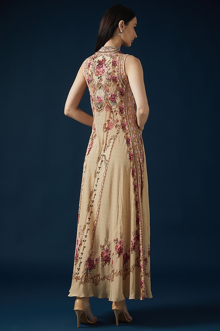 Beige Bemberg Crepe Embroidered & Printed Party Wear Gown by NIRRAAMYAA at Pernia's Pop Up Shop