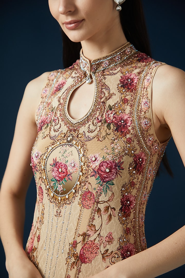 Beige Bemberg Crepe Embroidered & Printed Party Wear Gown by NIRRAAMYAA at Pernia's Pop Up Shop