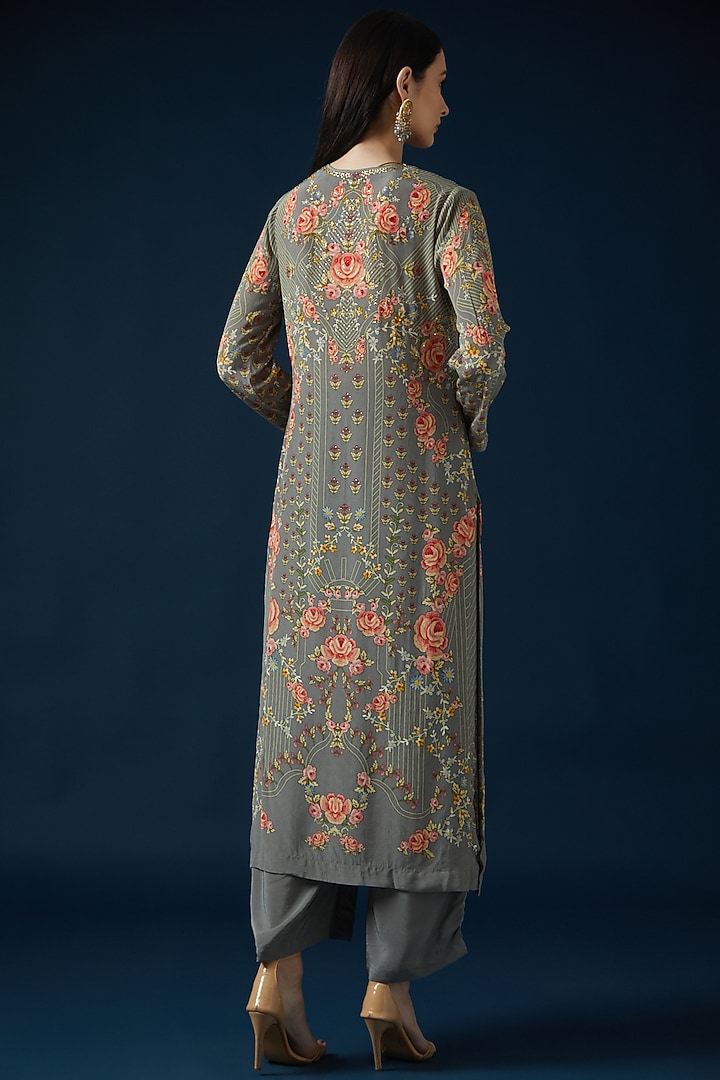 Grey Bemberg Crepe Embroidered & Printed Kurta Set by NIRRAAMYAA at Pernia's Pop Up Shop