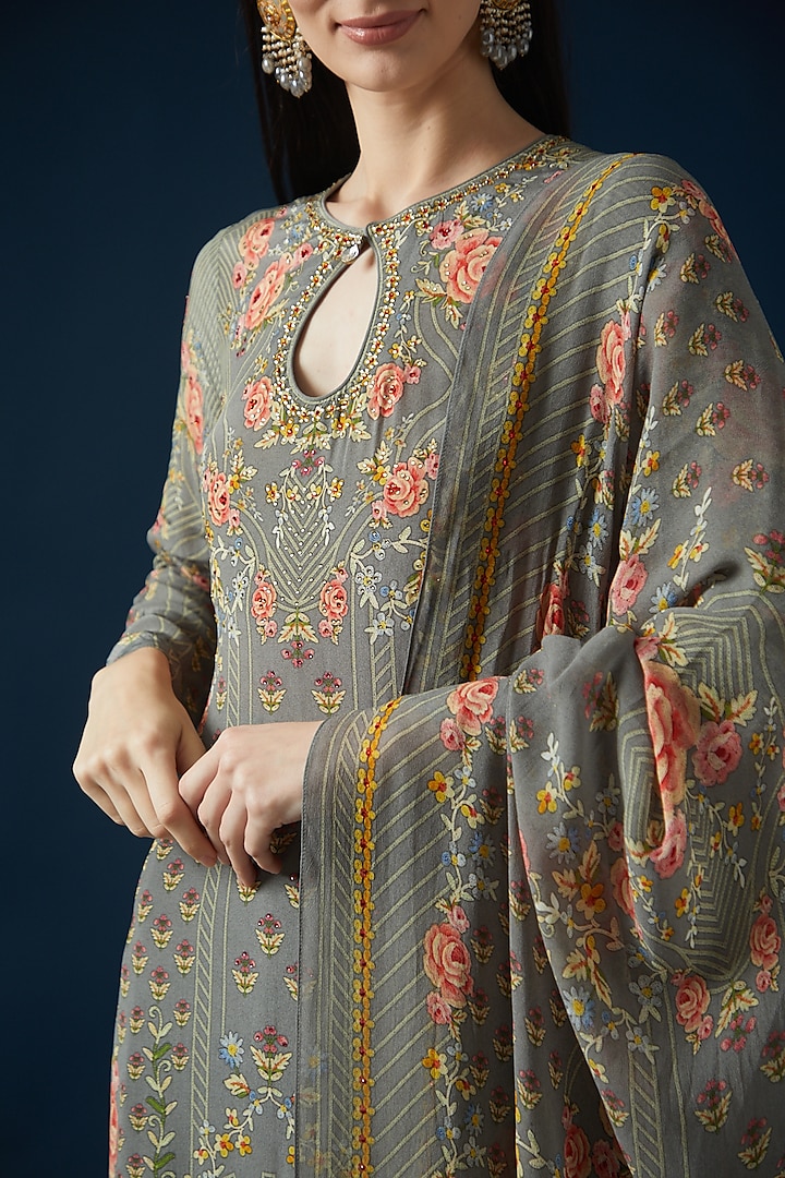Grey Bemberg Crepe Embroidered & Printed Kurta Set by NIRRAAMYAA at Pernia's Pop Up Shop