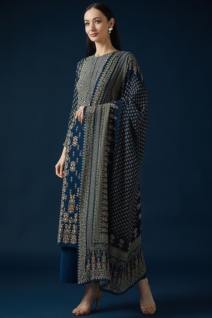 Blue Bemberg Crepe Embroidered & Printed Kurta Set by NIRRAAMYAA