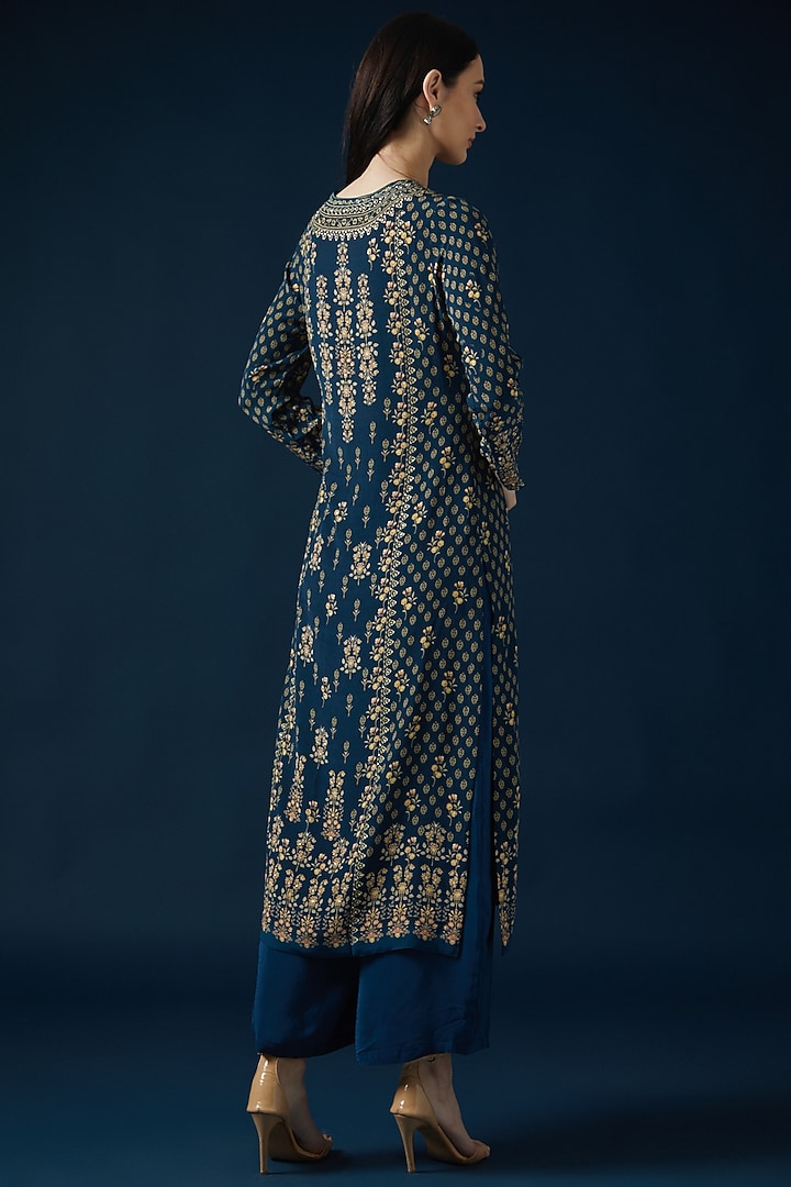 Blue Bemberg Crepe Embroidered & Printed Kurta Set by NIRRAAMYAA at Pernia's Pop Up Shop