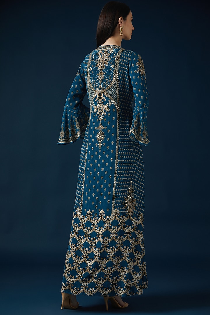 Blue Bemberg Crepe Embroidered & Printed Jacket Set by NIRRAAMYAA at Pernia's Pop Up Shop