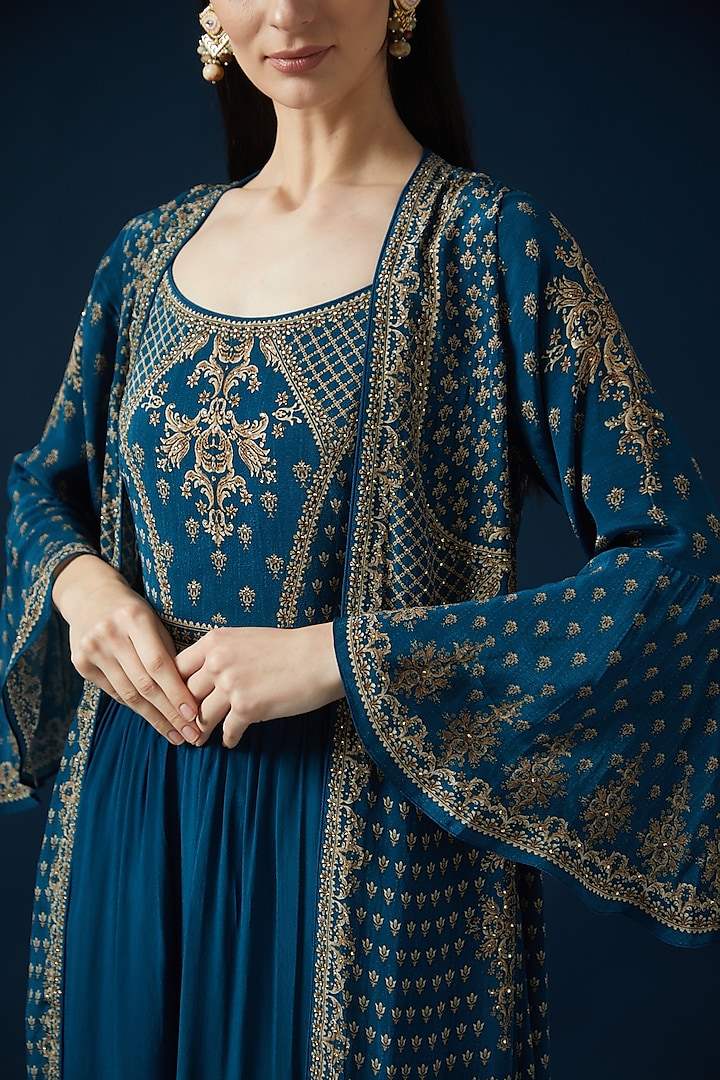 Blue Bemberg Crepe Embroidered & Printed Jacket Set by NIRRAAMYAA at Pernia's Pop Up Shop