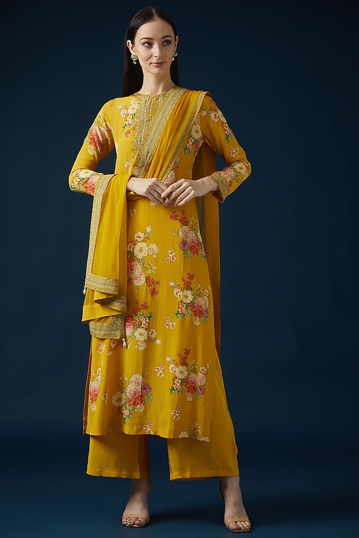 Mustard Bemberg Crepe Embroidered & Printed Kurta Set by NIRRAAMYAA