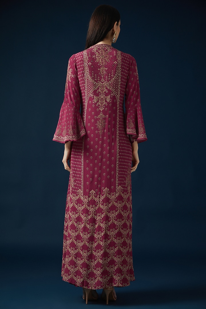 Red Bemberg Crepe Embroidered & Printed Jacket Set by NIRRAAMYAA at Pernia's Pop Up Shop