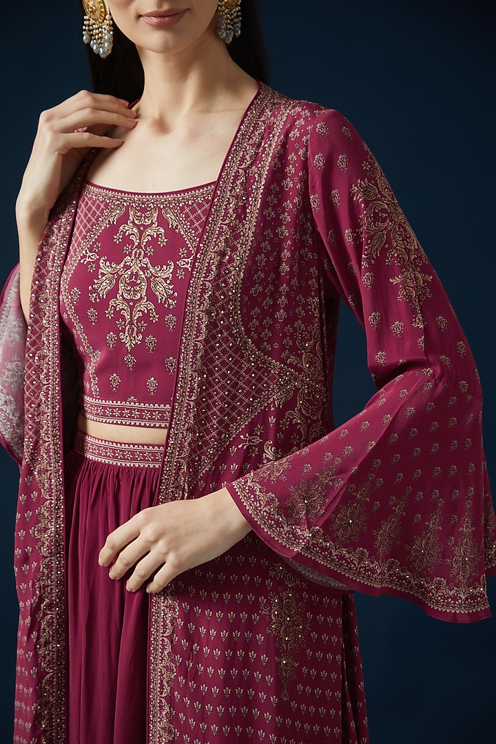 Red Bemberg Crepe Embroidered & Printed Jacket Set by NIRRAAMYAA at Pernia's Pop Up Shop