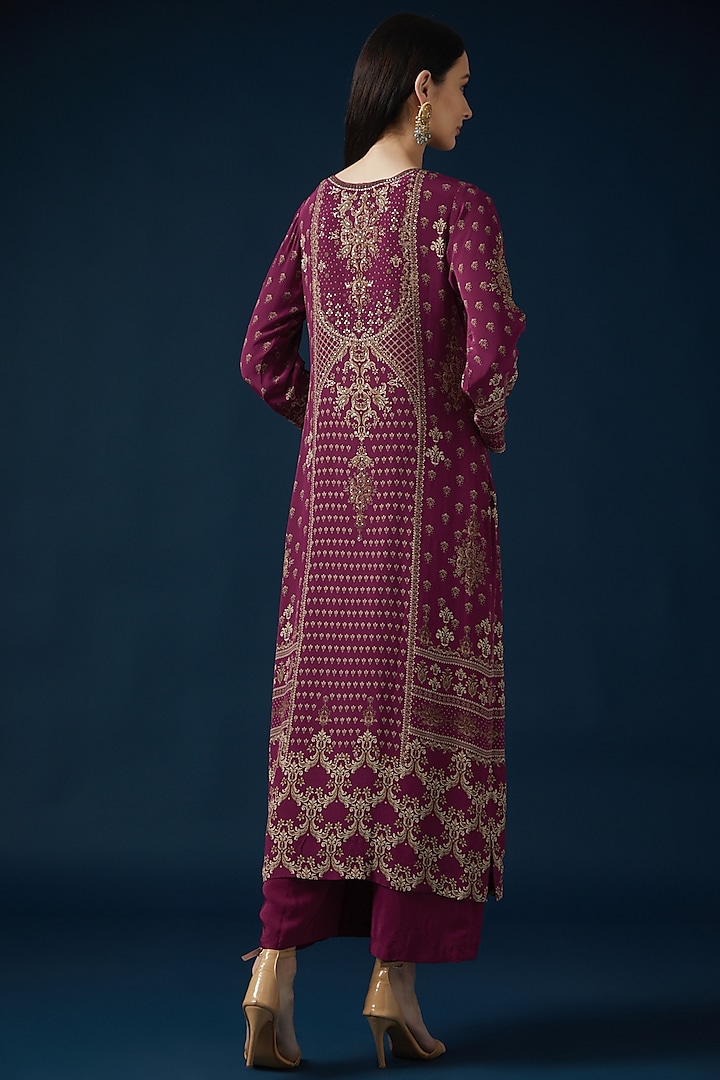 Wine Bemberg Crepe Embroidered & Printed Kurta Set by NIRRAAMYAA at Pernia's Pop Up Shop