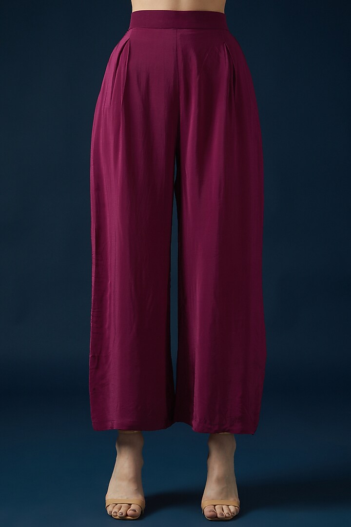 Wine Bemberg Crepe Embroidered & Printed Kurta Set by NIRRAAMYAA at Pernia's Pop Up Shop