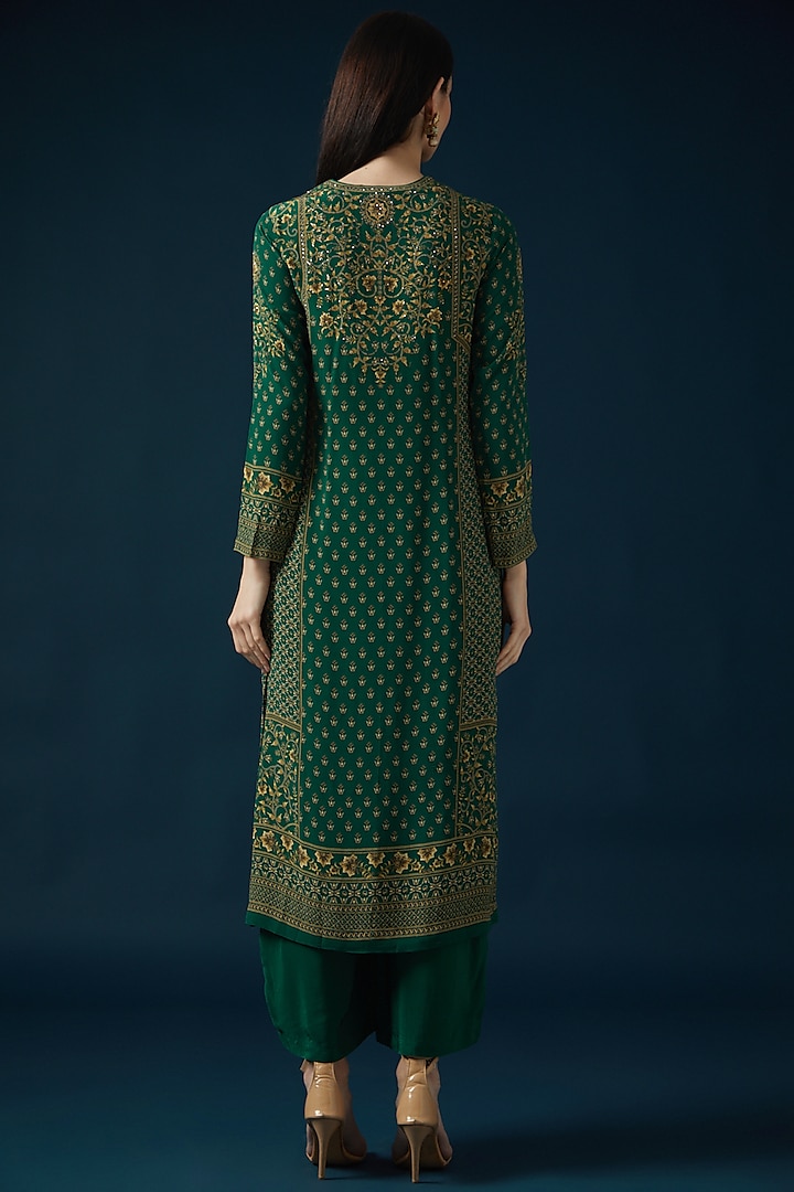 Green Bemberg Crepe Embroidered & Printed Kurta Set by NIRRAAMYAA at Pernia's Pop Up Shop