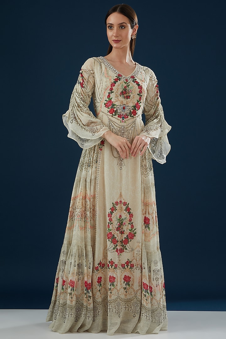Beige Georgette Printed & Embroidered Kaftan Dress by NIRRAAMYAA