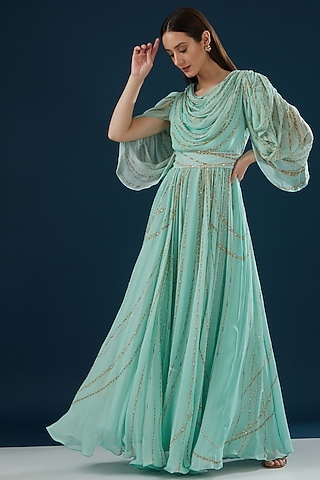 Aqua Blue Georgette Printed & Embroidered Dress by NIRRAAMYAA
