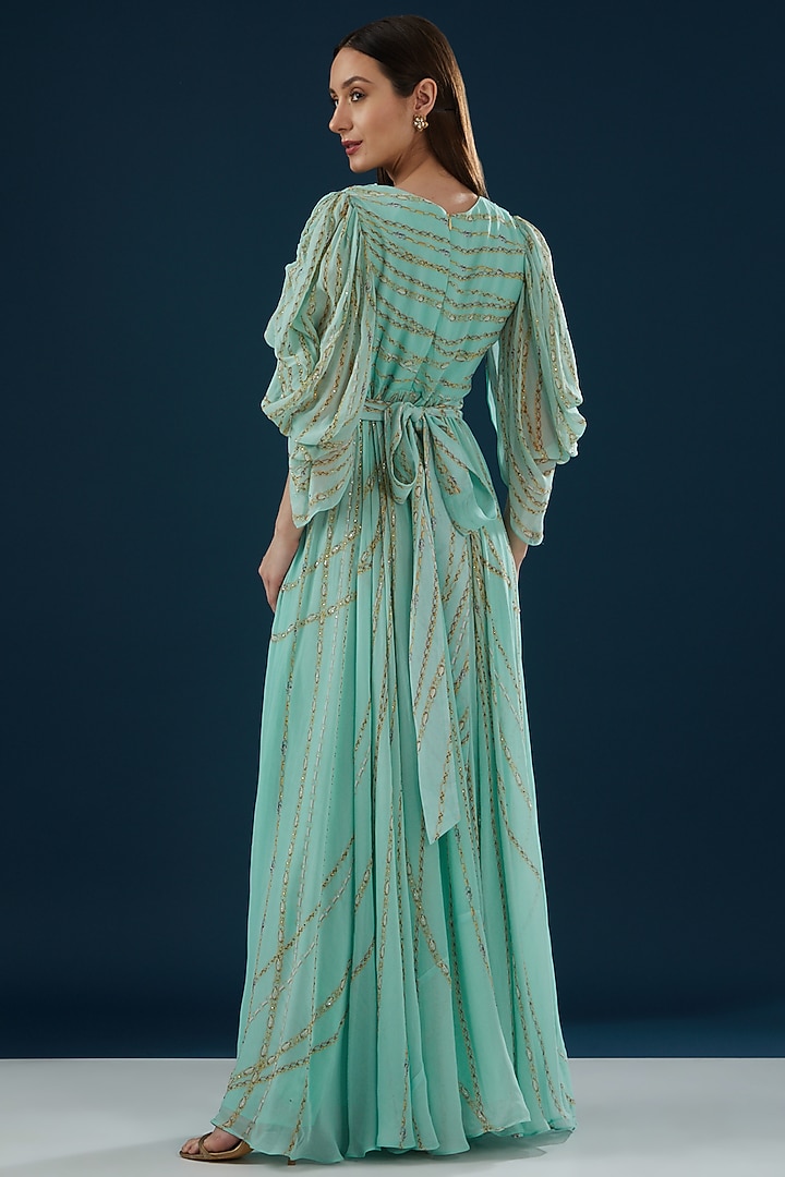 Aqua Blue Georgette Printed & Embroidered Vacation Dress by NIRRAAMYAA at Pernia's Pop Up Shop