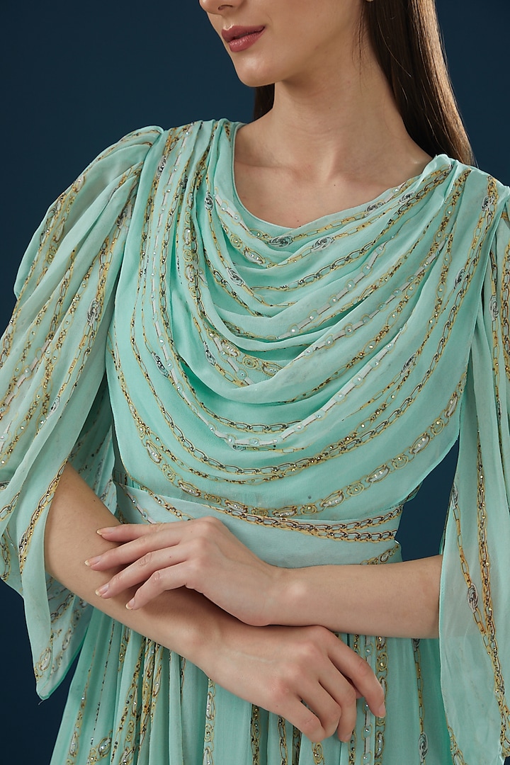 Aqua Blue Georgette Printed & Embroidered Vacation Dress by NIRRAAMYAA at Pernia's Pop Up Shop