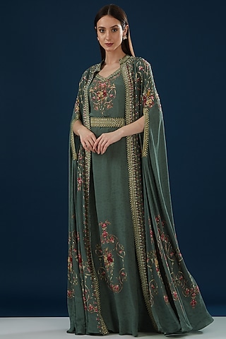 Smokey Grey Bemberg Crepe Embroidered Kaftan by NIRRAAMYAA