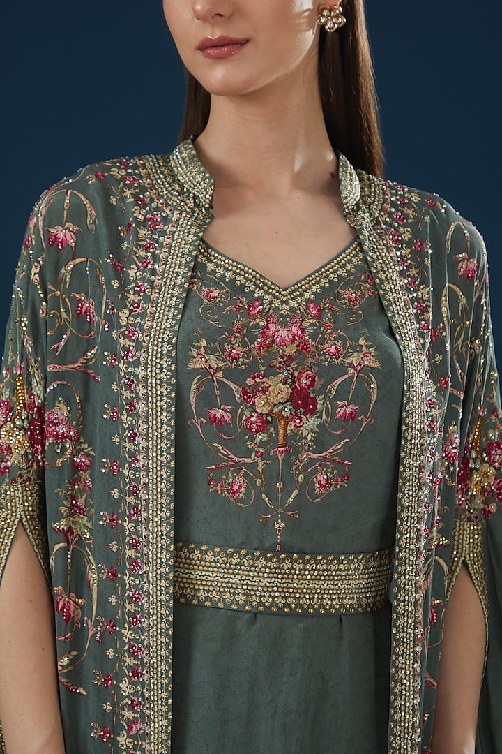 Smokey Grey Bemberg Crepe Embroidered Kaftan by NIRRAAMYAA at Pernia's Pop Up Shop