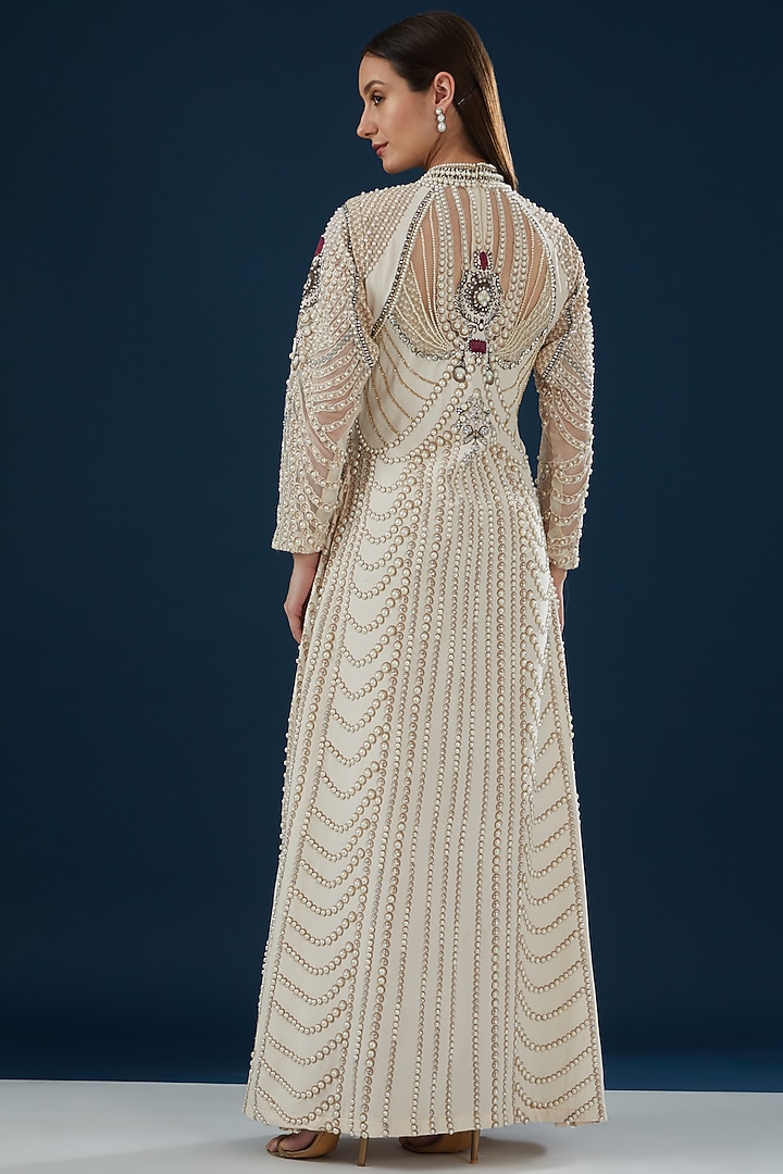 Ivory Bemberg Crepe Printed & Embroidered Cocktail Dress by NIRRAAMYAA at Pernia's Pop Up Shop