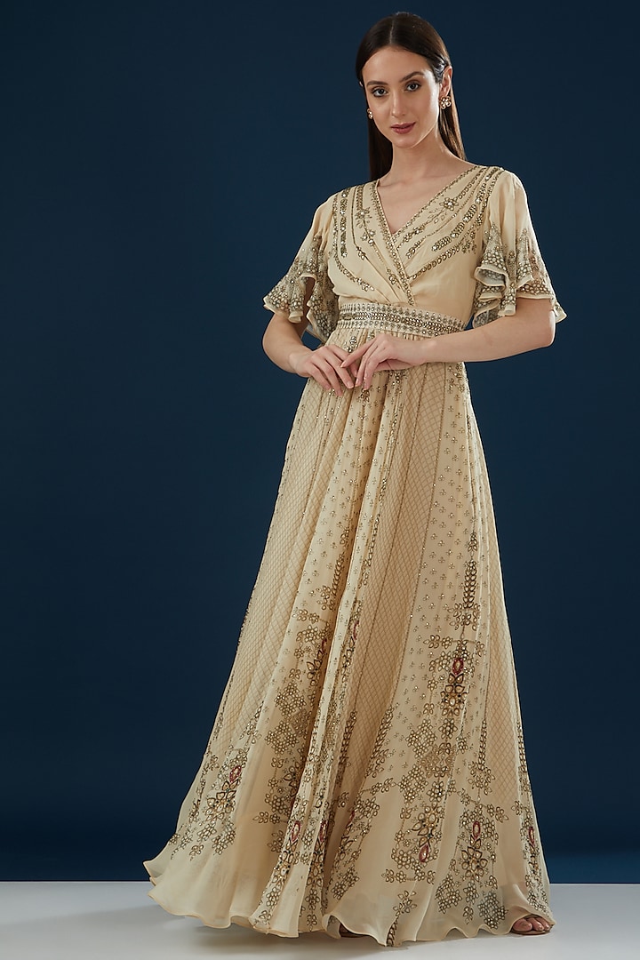 Beige Georgette Printed & Embroidered Dress by NIRRAAMYAA