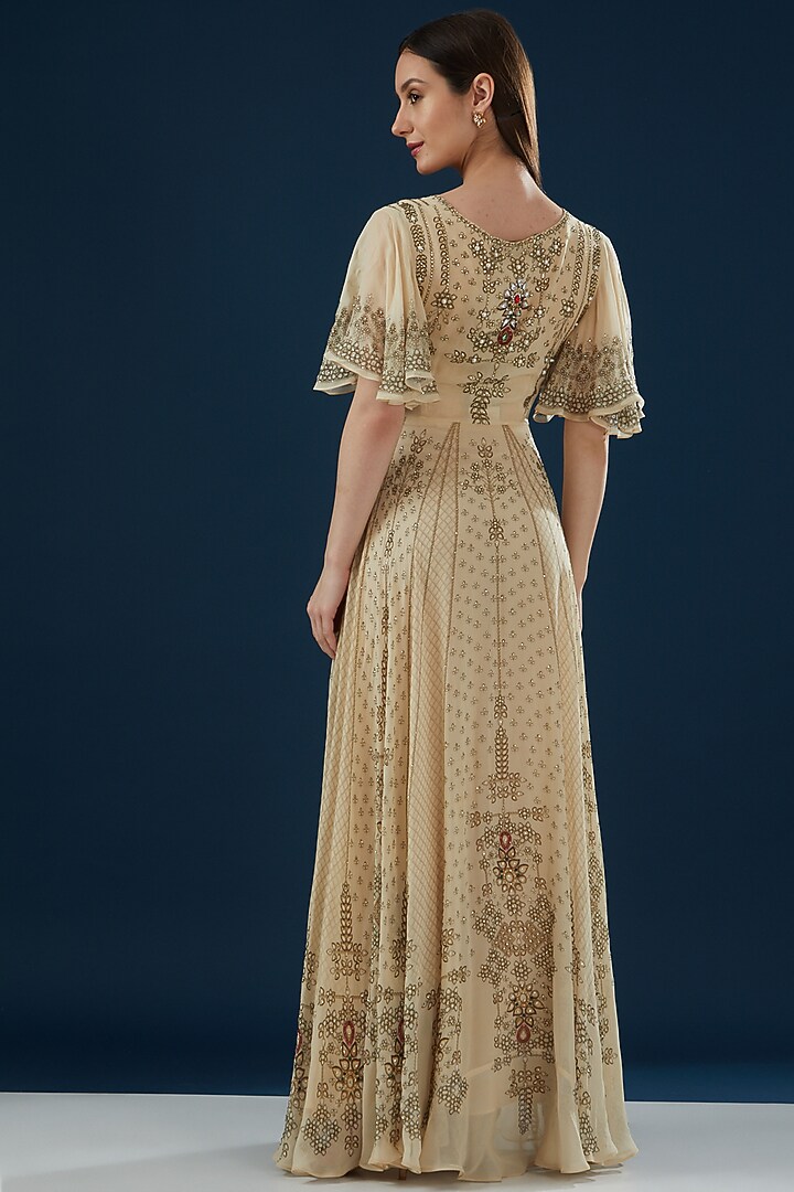 Beige Georgette Printed & Embroidered Cocktail Dress by NIRRAAMYAA at Pernia's Pop Up Shop