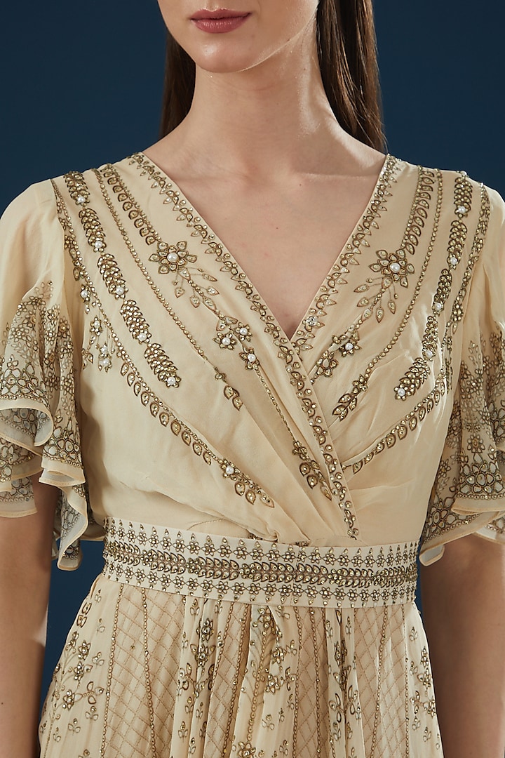 Beige Georgette Printed & Embroidered Cocktail Dress by NIRRAAMYAA at Pernia's Pop Up Shop