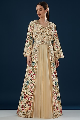 Beige Bemberg Crepe Printed & Embroidered Jacket Dress by NIRRAAMYAA