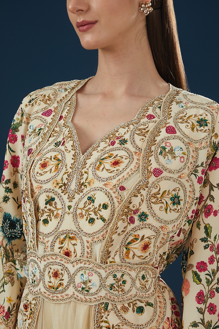 Beige Bemberg Crepe Printed & Embroidered Jacket Cocktail Dress by NIRRAAMYAA at Pernia's Pop Up Shop