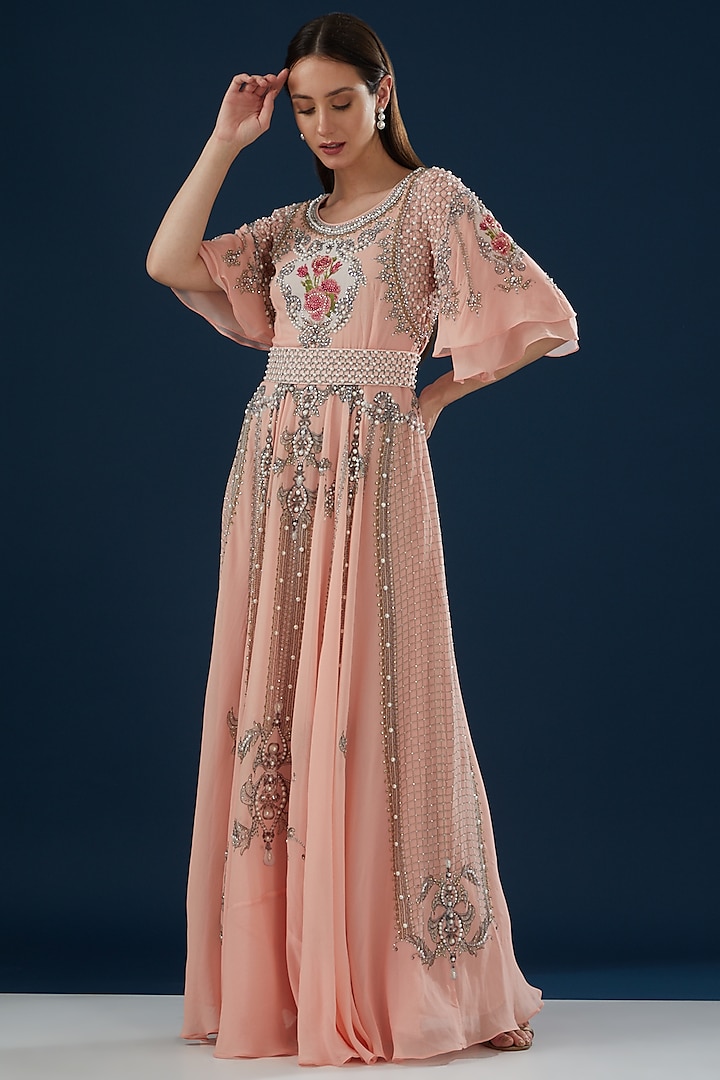 Pink Georgette Printed & Embroidered Dress by NIRRAAMYAA