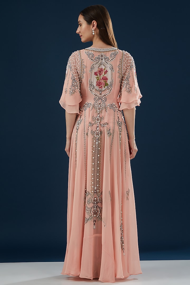 Pink Georgette Printed & Embroidered Cocktail Dress by NIRRAAMYAA at Pernia's Pop Up Shop