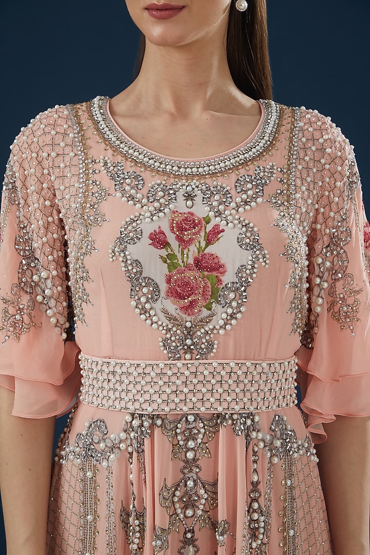 Pink Georgette Printed & Embroidered Cocktail Dress by NIRRAAMYAA at Pernia's Pop Up Shop
