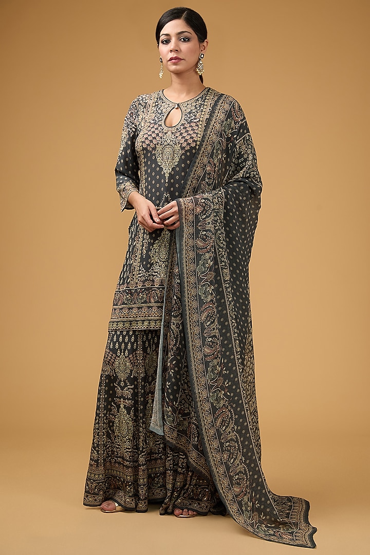 Grey Crepe Printed & Embroidered Kurta Set by NIRRAAMYAA