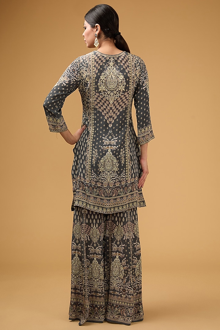 Grey Crepe Printed & Embroidered Kurta Set by NIRRAAMYAA at Pernia's Pop Up Shop