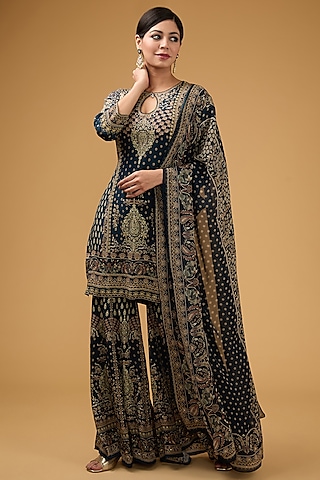 Blue Crepe Printed & Embroidered Kurta Set by NIRRAAMYAA