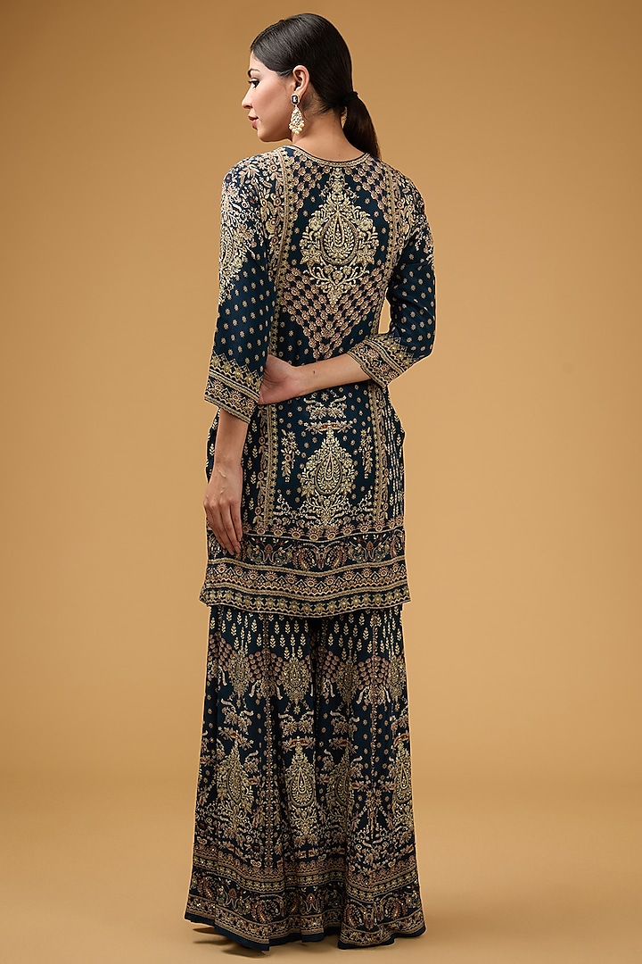 Blue Crepe Printed & Embroidered Kurta Set by NIRRAAMYAA at Pernia's Pop Up Shop
