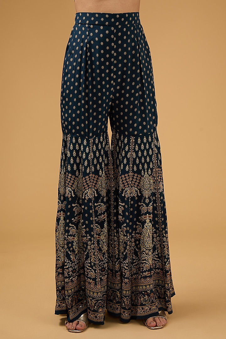 Blue Crepe Printed & Embroidered Kurta Set by NIRRAAMYAA at Pernia's Pop Up Shop