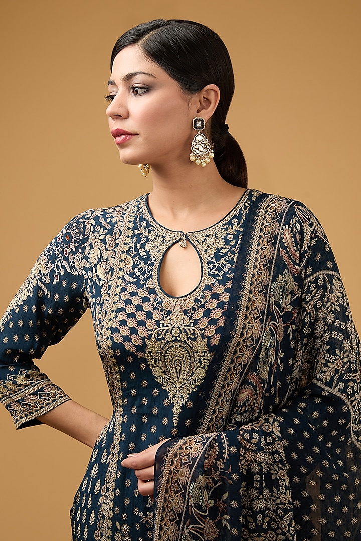 Blue Crepe Printed & Embroidered Kurta Set by NIRRAAMYAA at Pernia's Pop Up Shop