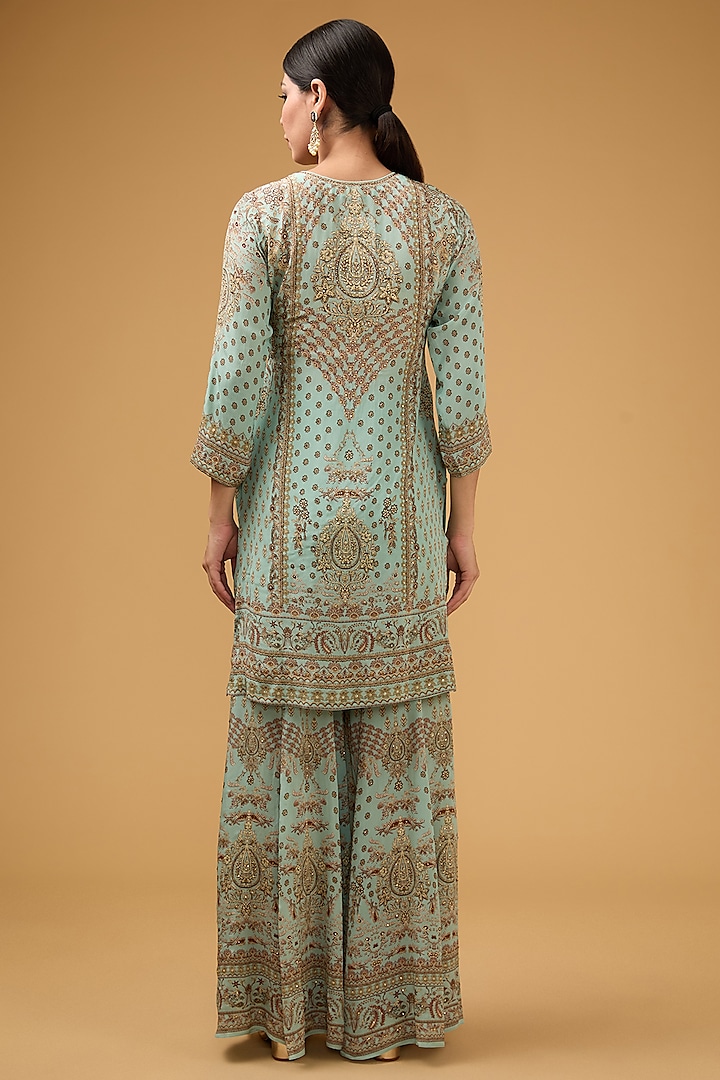 Green Crepe Printed & Embroidered Kurta Set by NIRRAAMYAA at Pernia's Pop Up Shop