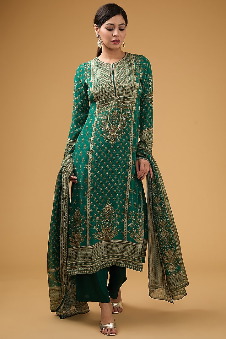 Teal Crepe Printed & Embroidered Kurta Set by NIRRAAMYAA at Pernia's Pop Up Shop