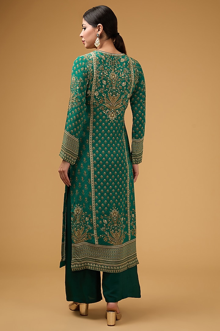 Teal Crepe Printed & Embroidered Kurta Set by NIRRAAMYAA at Pernia's Pop Up Shop