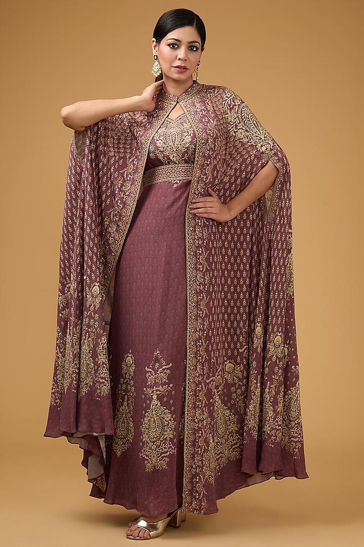 Pale Pink Crepe Printed & Embroidered Cape Set by NIRRAAMYAA
