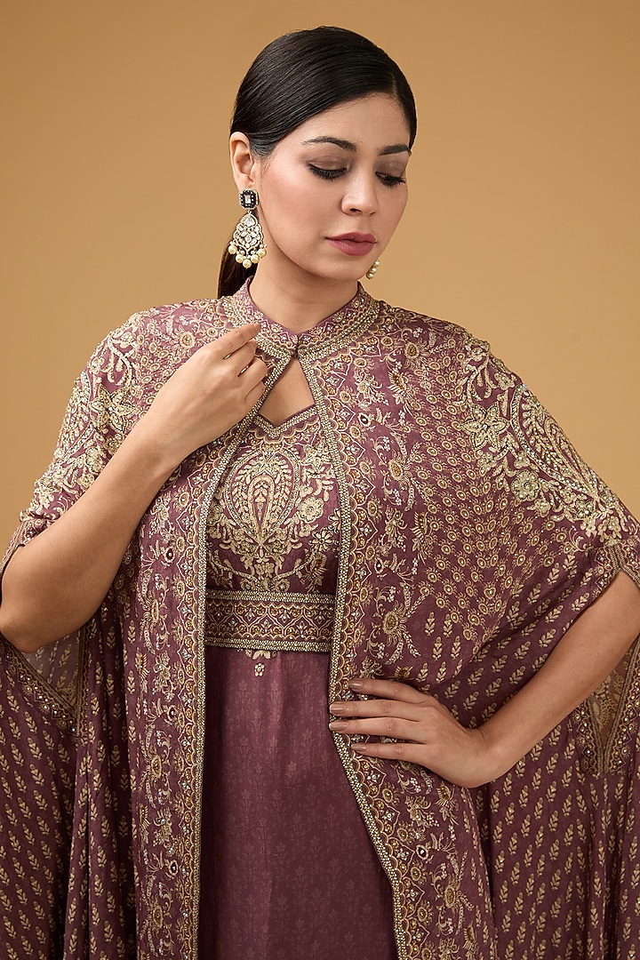 Pale Pink Crepe Printed & Embroidered Cape Set by NIRRAAMYAA at Pernia's Pop Up Shop