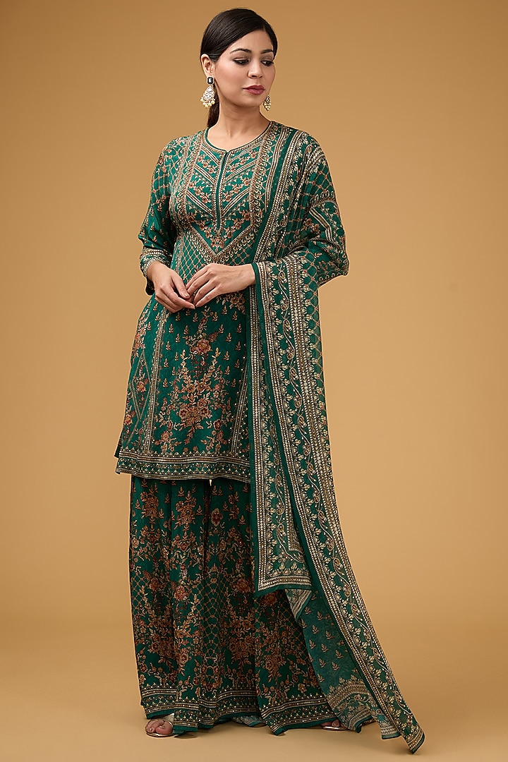 Teal Crepe Printed & Embroidered Kurta Set by NIRRAAMYAA