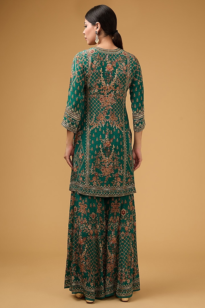 Teal Crepe Printed & Embroidered Kurta Set by NIRRAAMYAA at Pernia's Pop Up Shop