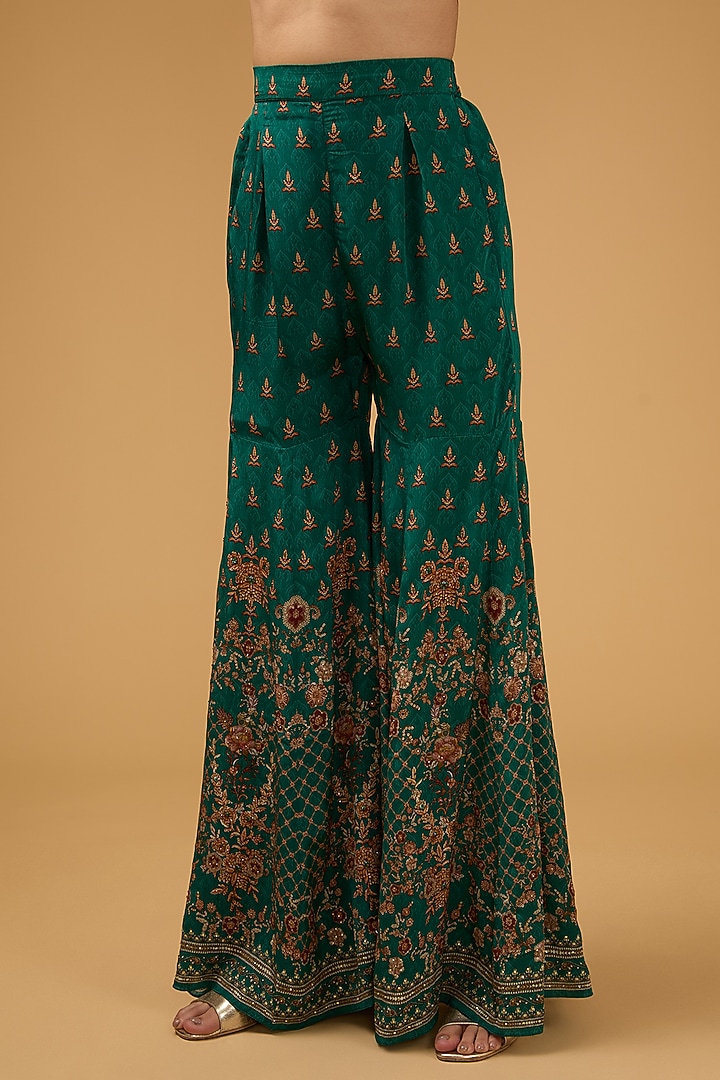 Teal Crepe Printed & Embroidered Kurta Set by NIRRAAMYAA at Pernia's Pop Up Shop