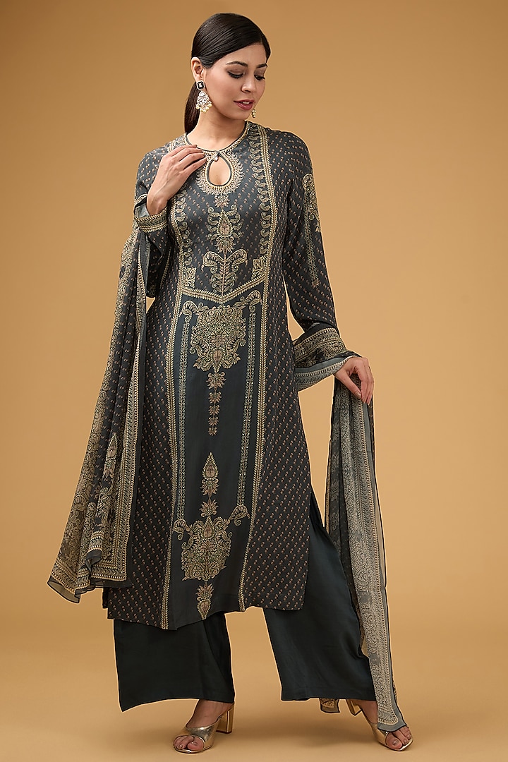 Grey Crepe Printed & Embroidered Kurta Set by NIRRAAMYAA