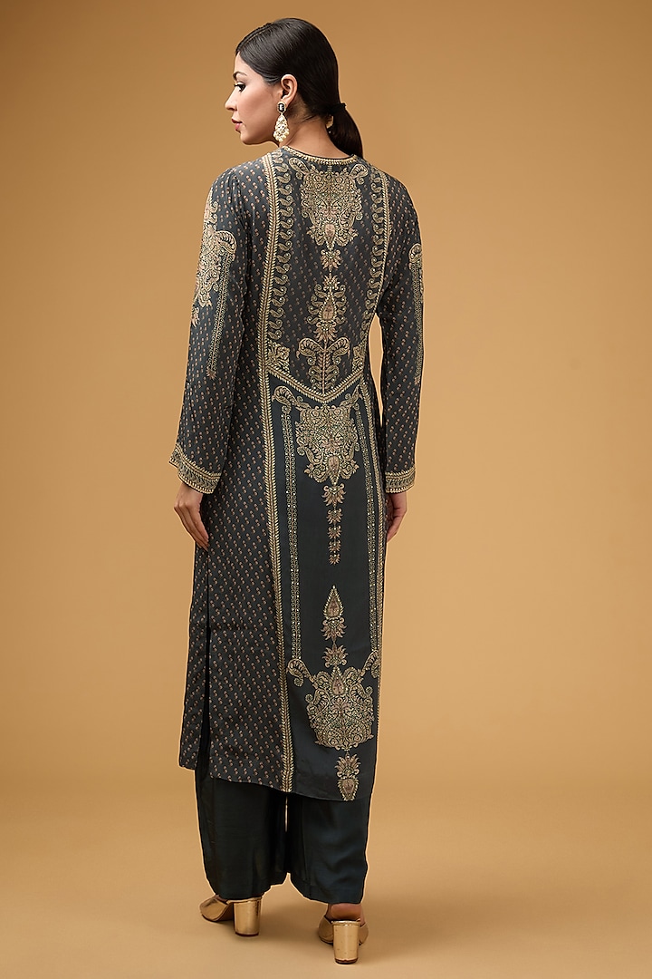 Grey Crepe Printed & Embroidered Kurta Set by NIRRAAMYAA at Pernia's Pop Up Shop
